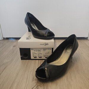 East 5th Women Peep Toe Pump Black Faux Leather Shoes Size 9.5M
